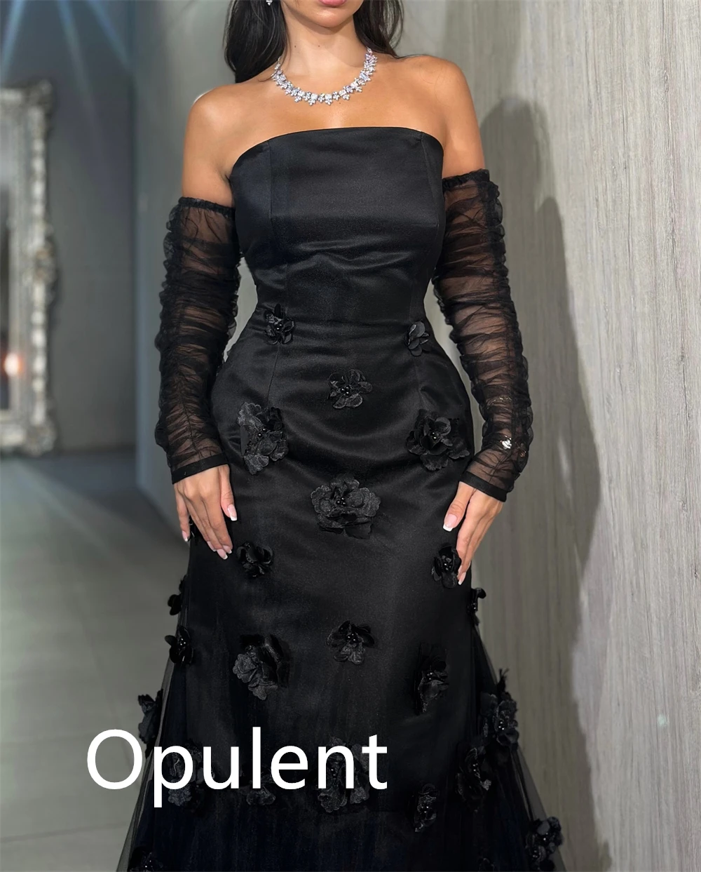 Personalizado requintado preto jérsei vestido de noite clássico sem alças manga destacável mangas compridas flores sob medida ocasiones