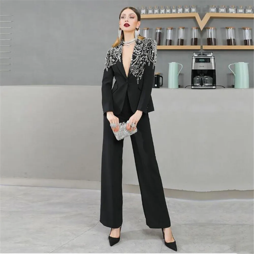 Trajes negros de lujo para mujer, vestido Formal para madre de la novia, chaqueta con cuentas de piedra de plata hecha a medida, pantalones, Blazers para mujer, 2 piezas