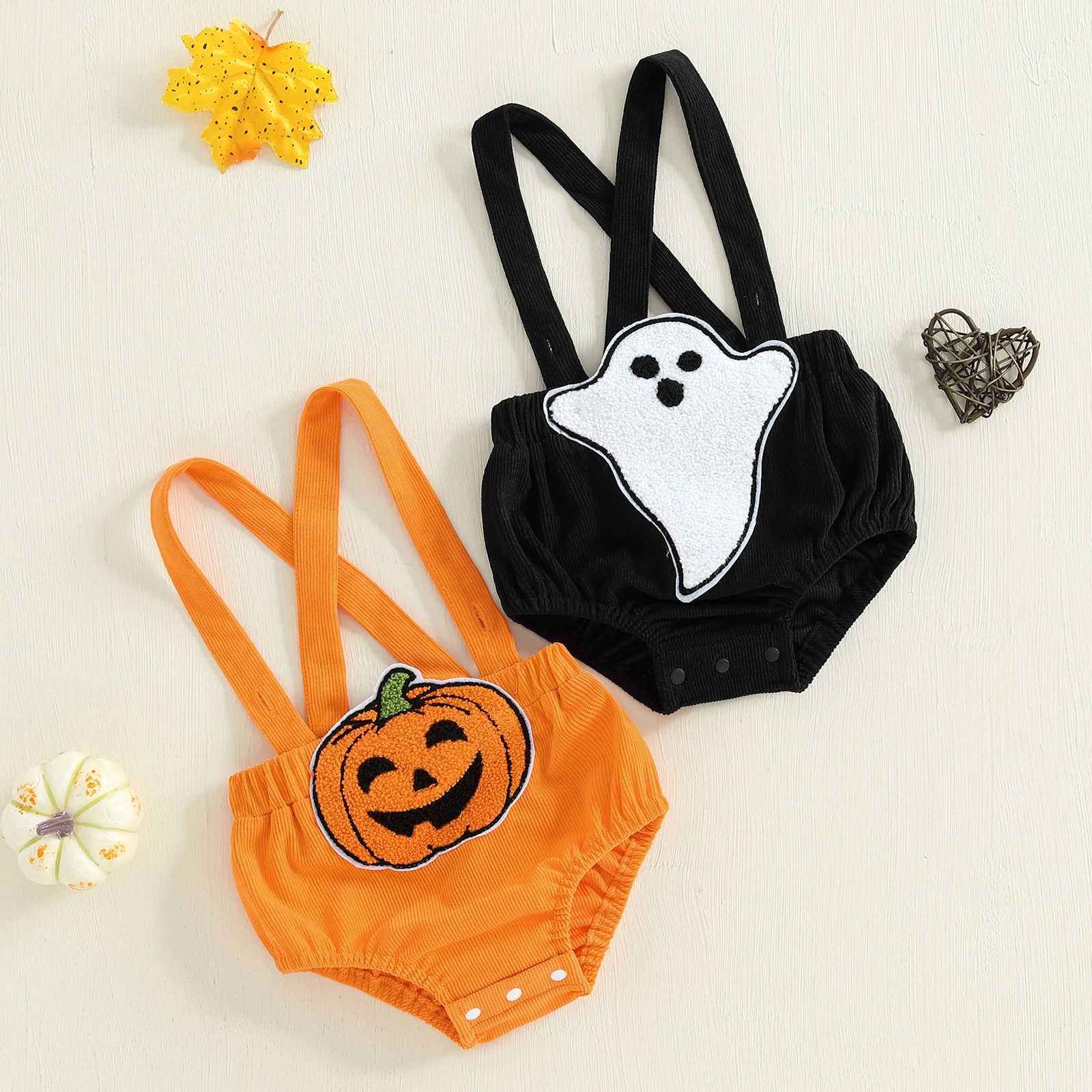 

0-18M Infant Baby Boy Girl Overall Shorts Fashionable Halloween Pumpkin/Ghost Embroidery Sleeveless Jumpsuits Supender Shorts