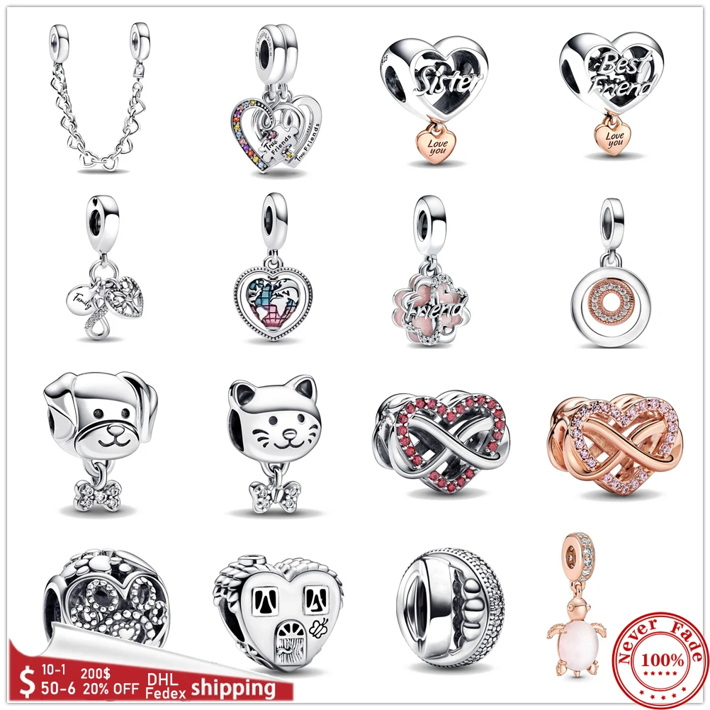 

2022 New 925 Sterling Silver Charm Heart Sister Friendship Pet Dog Cat Pandora Bead fit Original Bracelet For Women DIY Jewelry