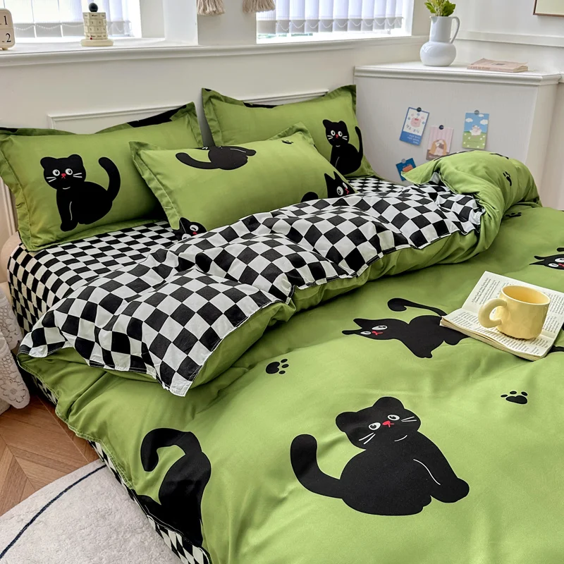 Cartoon Black Cat Duvet Cover Set,kitten Bedding Set 4pcs Quilt Cover 1 Flat Sheet and 2 Pillow Shams,polyester Comforter Cover