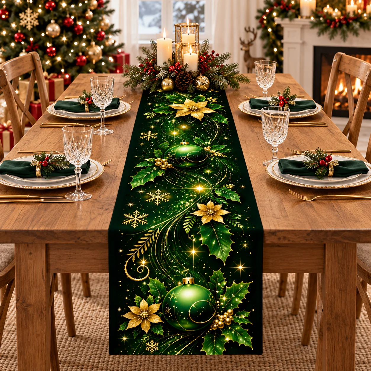 Deep Green Christmas Tablecloth, Golden Sparkling Star Ornament Print, Festive Holiday Table Decor for Home Party