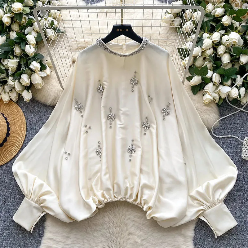 Diamonds Beading Satin Shirt Batwing Sleeves Stretchy Waist O Neck Aesthetic Blouse Feamle Senior Glamorous Gala Top