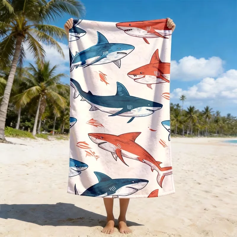 Vintage Red Blue Shark Cartoon Beach Towel Sand Free Towel Ocean Predator Fish Print Blanket Summer Beach