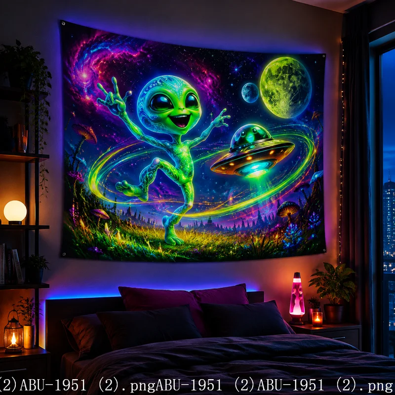 VIKAMA Moon & Planet Neon Wall Tapestry, Quick Dry Easy Care, Decor for Living Room Bedroom Bar