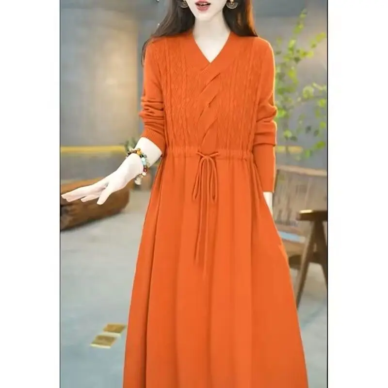 New Knitted Jacquard Coat Dress for Women in Autumn Winter Noble Cover Belly Meat Western Style Loose Woolen Dress Outer Wear