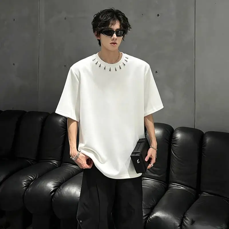 LUZHEN 2026 Summer Trendy Sequin Patchwork Decorate Round Neck Short Sleeve T-shirts Men's Solid Color Shoulder Pad Tops JY7262