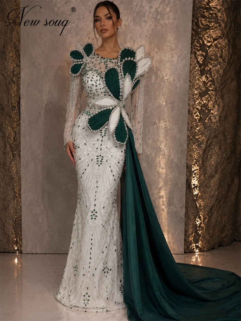 

Newest Arrival Green Mermaid Evening Dresses With Slit Cocktail Beaded Diamonds Party Gowns Customized Vestidos De Cóctel Prom