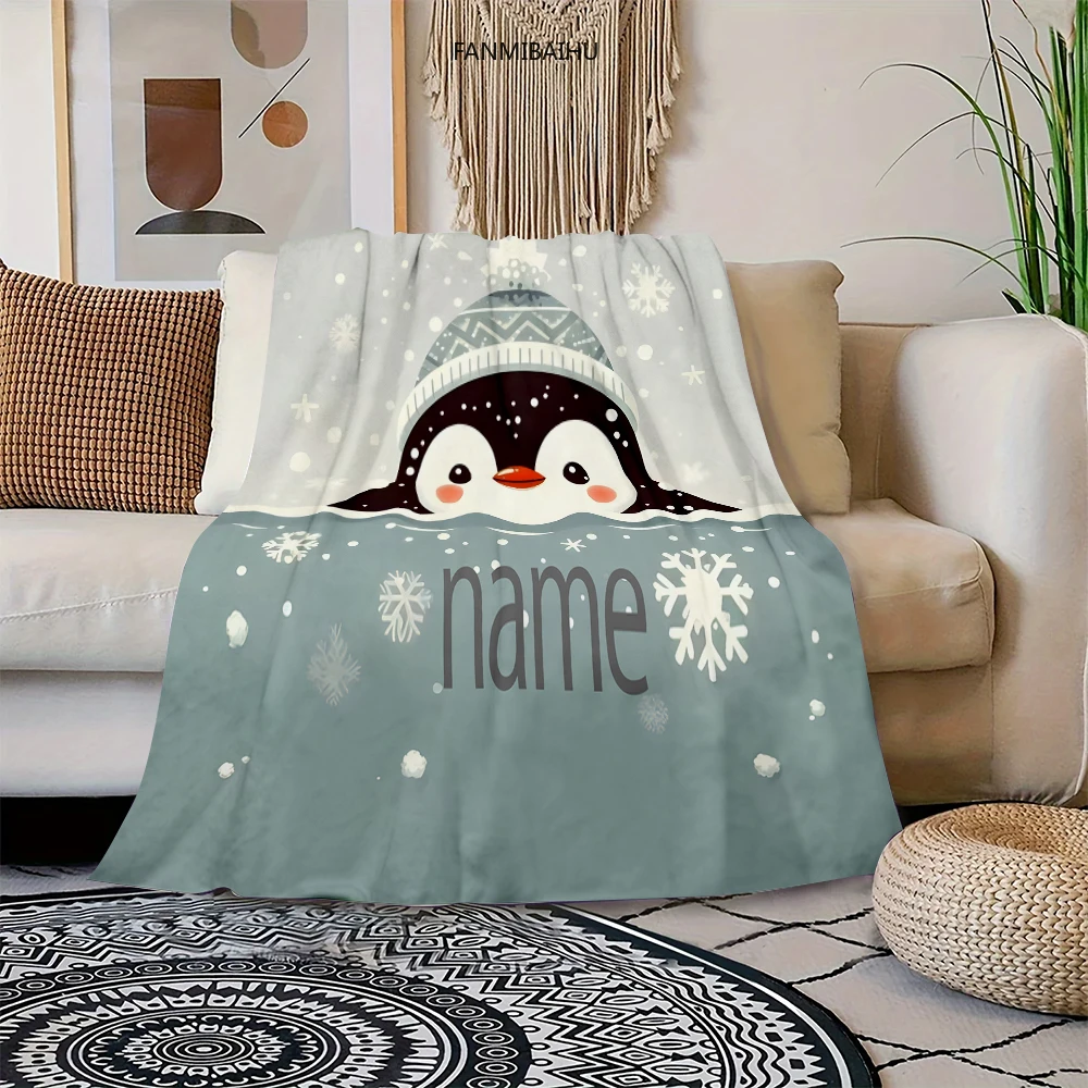 Personalized Penguin Flannel Throw Blanket - Soft All-Season Coverlet with Cute Cartoon Penguin and Snowflake Design, Machine Wa