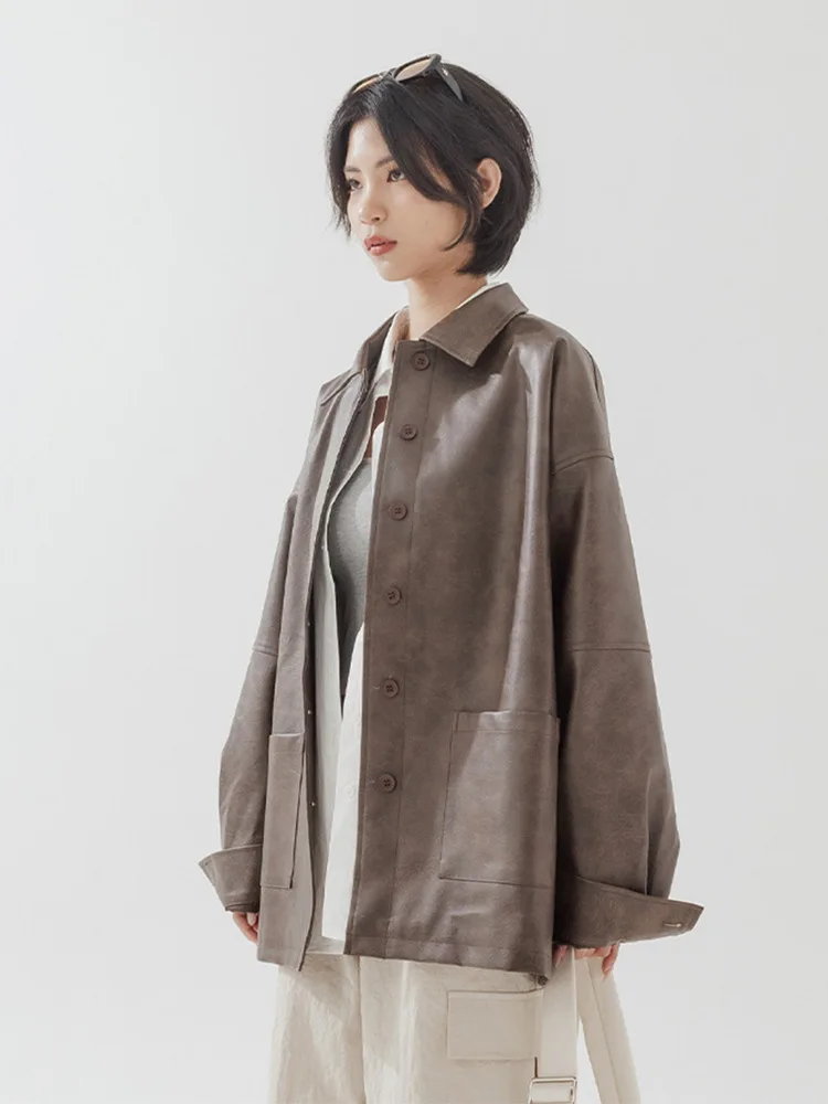 Jaqueta Retro de Couro Queenop Nova para Outono Inverno Feminina com Gola Longa de Dupla Camada