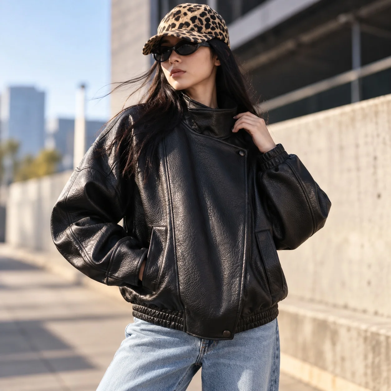 No Hood Pockets Loose Fit Biker Style Coat with Stand Collar Long Sleeves Regular Sleeve Regular Length Autumn Women Jackets