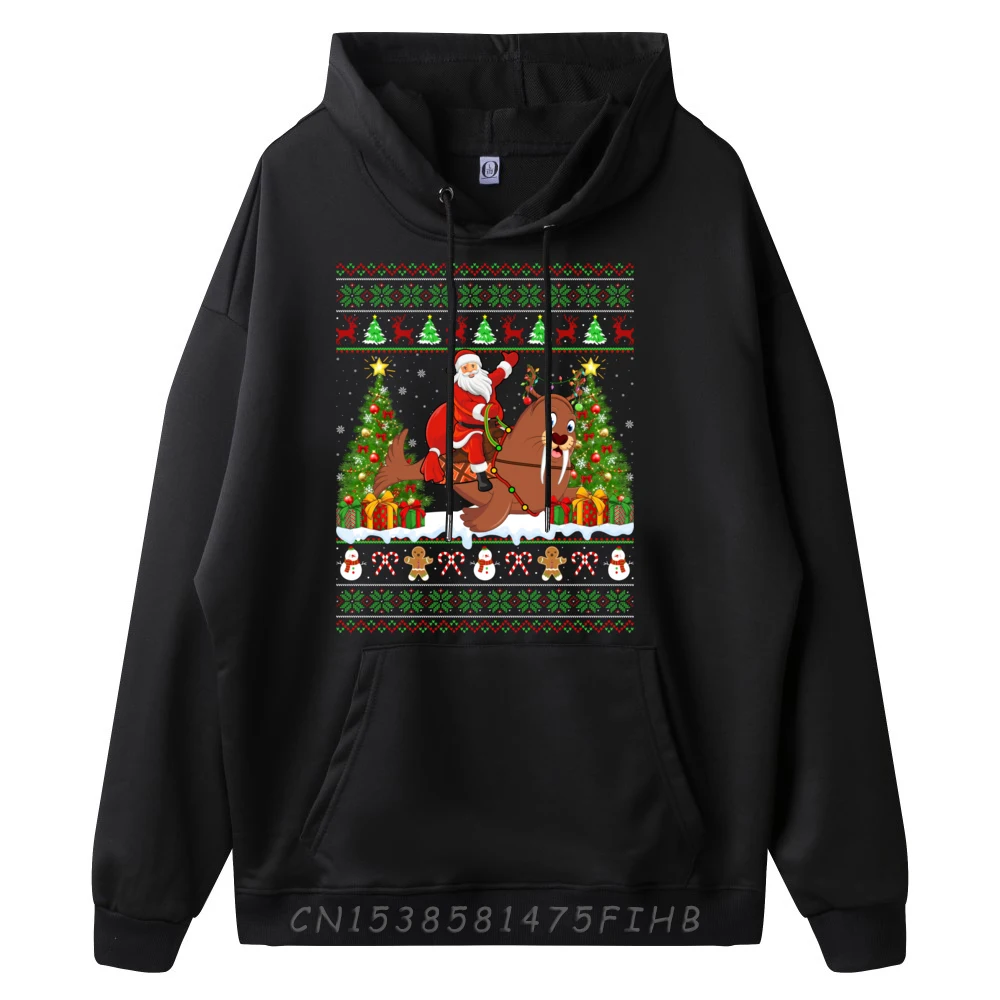 Walrus Xmas Sweater Ugly Santa Riding Walrus Christmas Black Graphic Tees Funny Gifts Outdoor