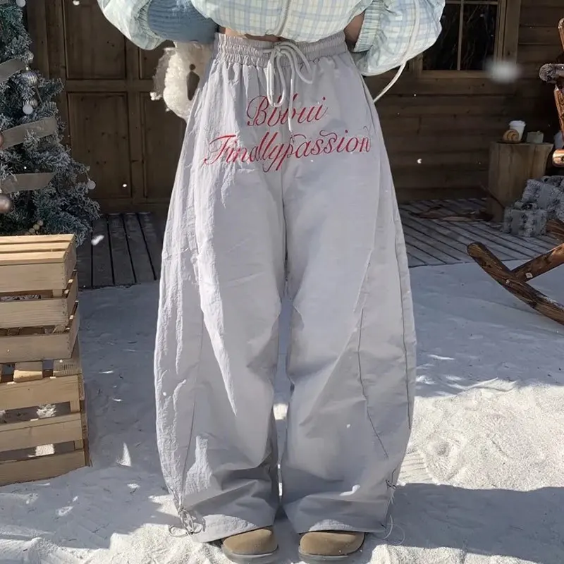 MEXZT Y2K Fleece Cargo Pants Women Harajuku Letter Baggy Sweatpants Fashion Streetwear Wide Leg Joggers Winter Casual Trousers