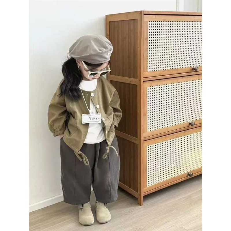 Children's Spring Autumn Set, Boys and Girls' Korean Fashion Round Neck Cardigan Coat, Casual Haren Pants Set
