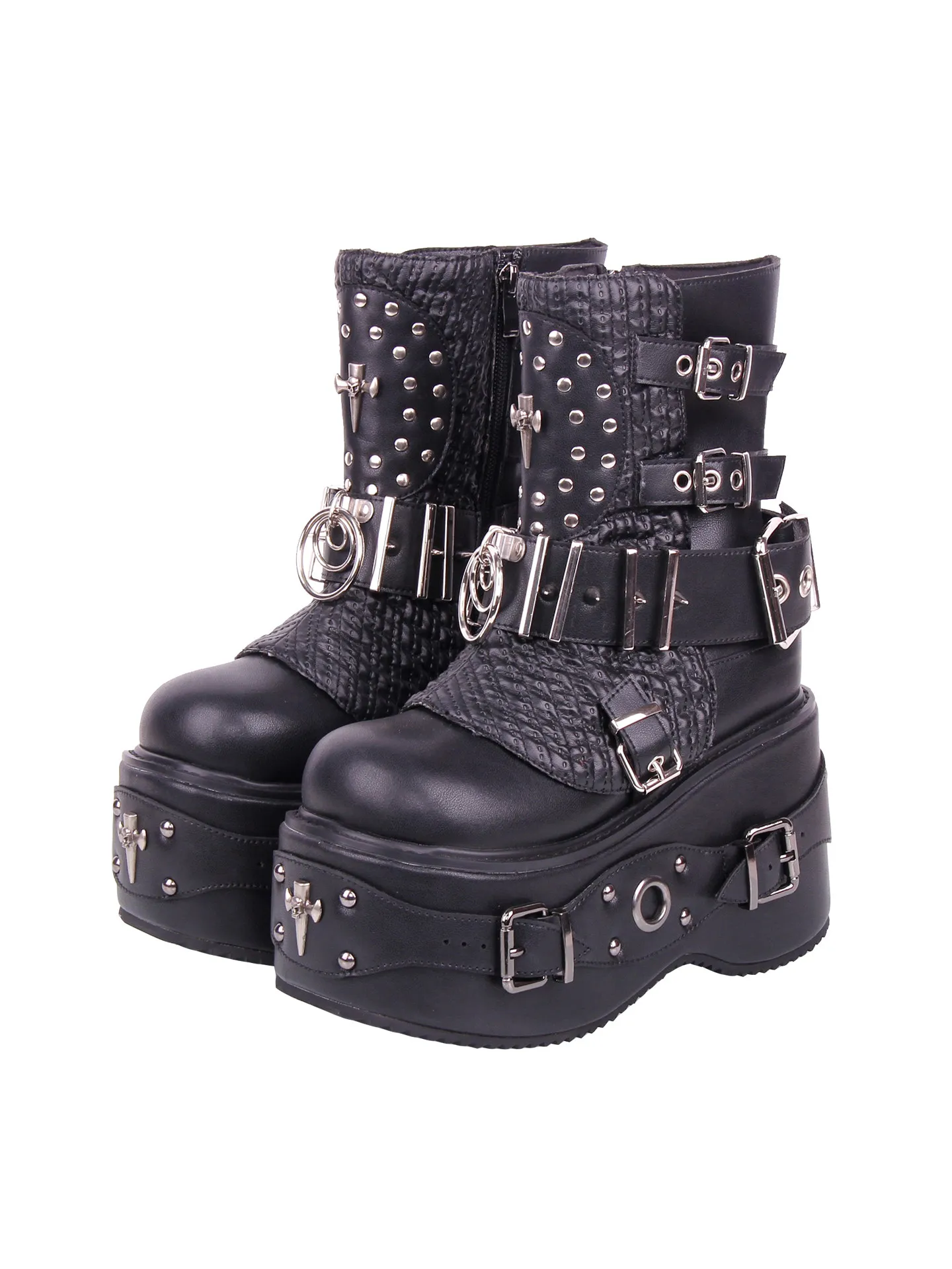 Women's Gothic Punk Platform Ankle Boots With Multi Buckle & Studded Details Heavy-duty Black Leather-look Style