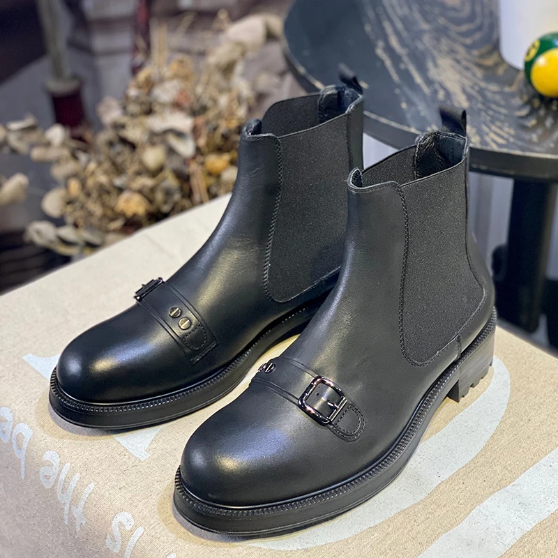 

Новые мужские ботинки с круглым носком и пряжкой на ремне, повседневные ботинки челси из воловьей кожи на толстой подошве, увеличивающие рост, мужские ботинки из натуральной кожи