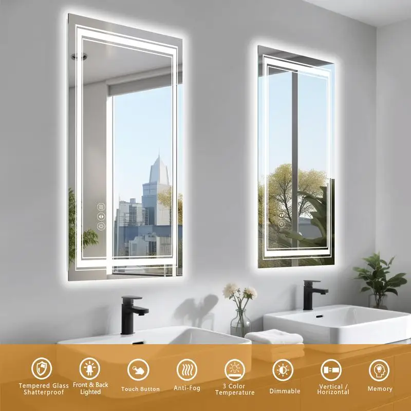30x36 Inch LED Bathroom Mirror, Frameless Smart Mirror with Touch Control, Anti-Fog, Dimmable Light