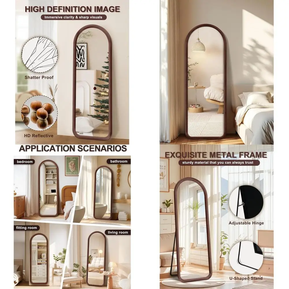 

Contemporary Arched Floor Mirror, Velvet Finish, Ideal for Bedroom or Living Room, Brown