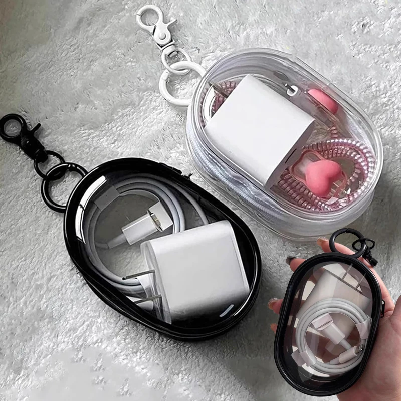 Portable Mini Clear Zipper Storage Bag Multifunctional Storage Bag Headphone Charger Case With Keychain Loop Travel Accessories