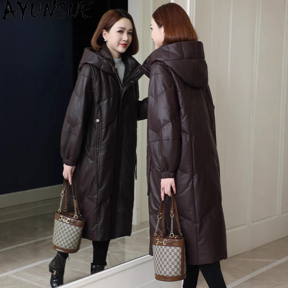 AYUNSUE Giacca in vera pelle di pecora Donna 2025 Abiti invernali Medio-lungo Piumino d'oca bianca Cappotto da donna con cappuccio Jaqueta De Couro