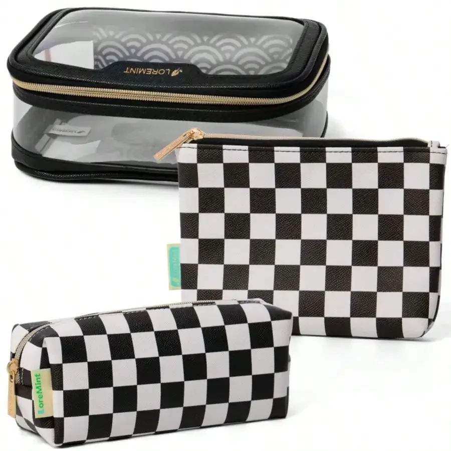 3Pcs Clear Travel Makeup Bag Set Black White Checkerboard Cosmetic Organizer Zipper Waterproof PVC Makeup Brush Pouch Lightweight Portable Vacation Toiletry Storage Bag