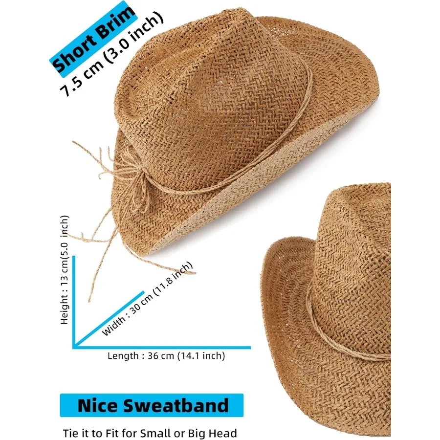 여성용 짧은 챙 밀짚 해변 카우보이 모자, 야외 여름 활동에 이상적, 서부 카우걸 스타일 모자, 자외선 차단 기능
