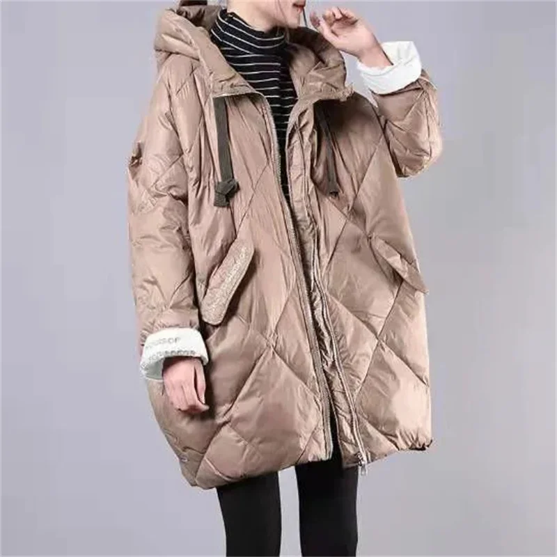 2023 Winter Coat Korean Loose Women\'s Md-Long Thick Parka Letters Print Warm Down Cotton Coat Cocoon Type Hooded Fleece Jackets