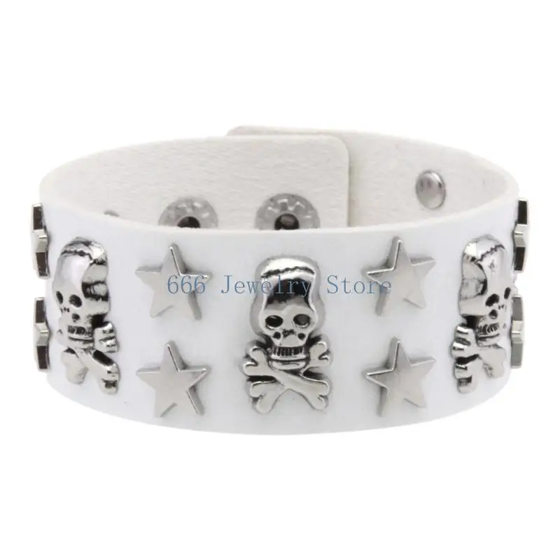 F2TD Gothic Punk Statement Bracelet with Skull and Star Rivets, Adjustable Snap Wrist Accessory for Daily Styling and Party