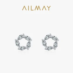 Ailmay Genuine 925 Sterling Silver Luxury Cubic Zirconia Stud Earrings For Women Charm Flower CZ Wedding Statement Jewelry Gifts