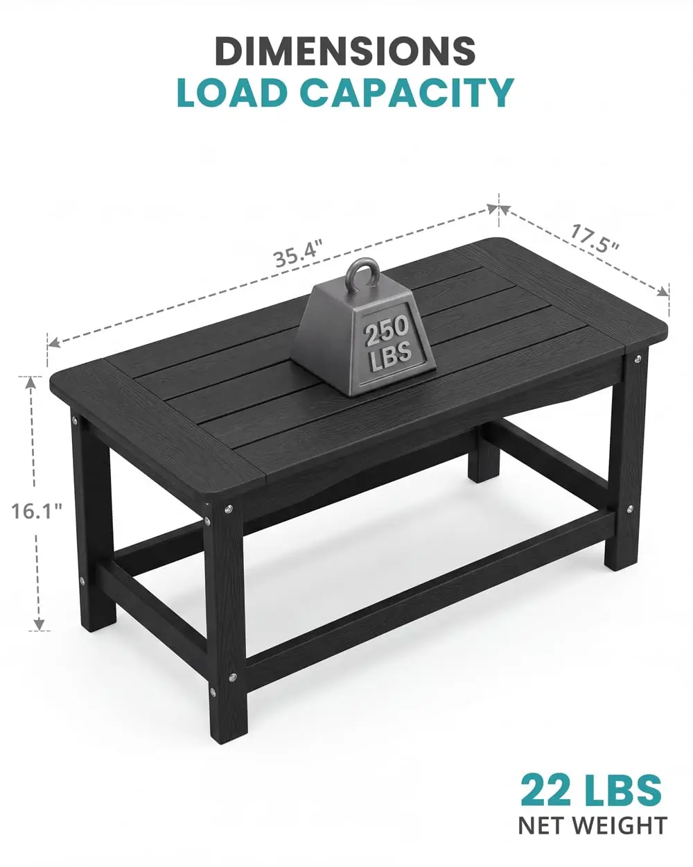 Outdoor Coffee Table Black, Small Poly Lumber, Patio Balcony Table | 35.4