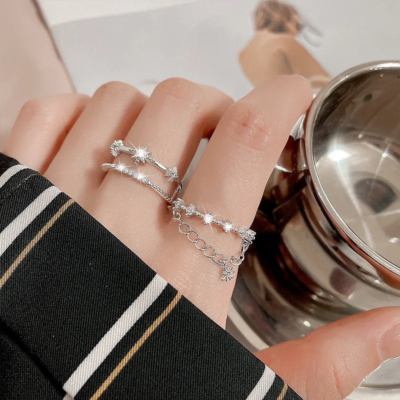 PANJBJ 925 Sterling Silber Vierzackiger Stern Glänzender Zirkon-Ring Hochwertiger Personalisierter Verstellbarer Schmuck – Detail 24