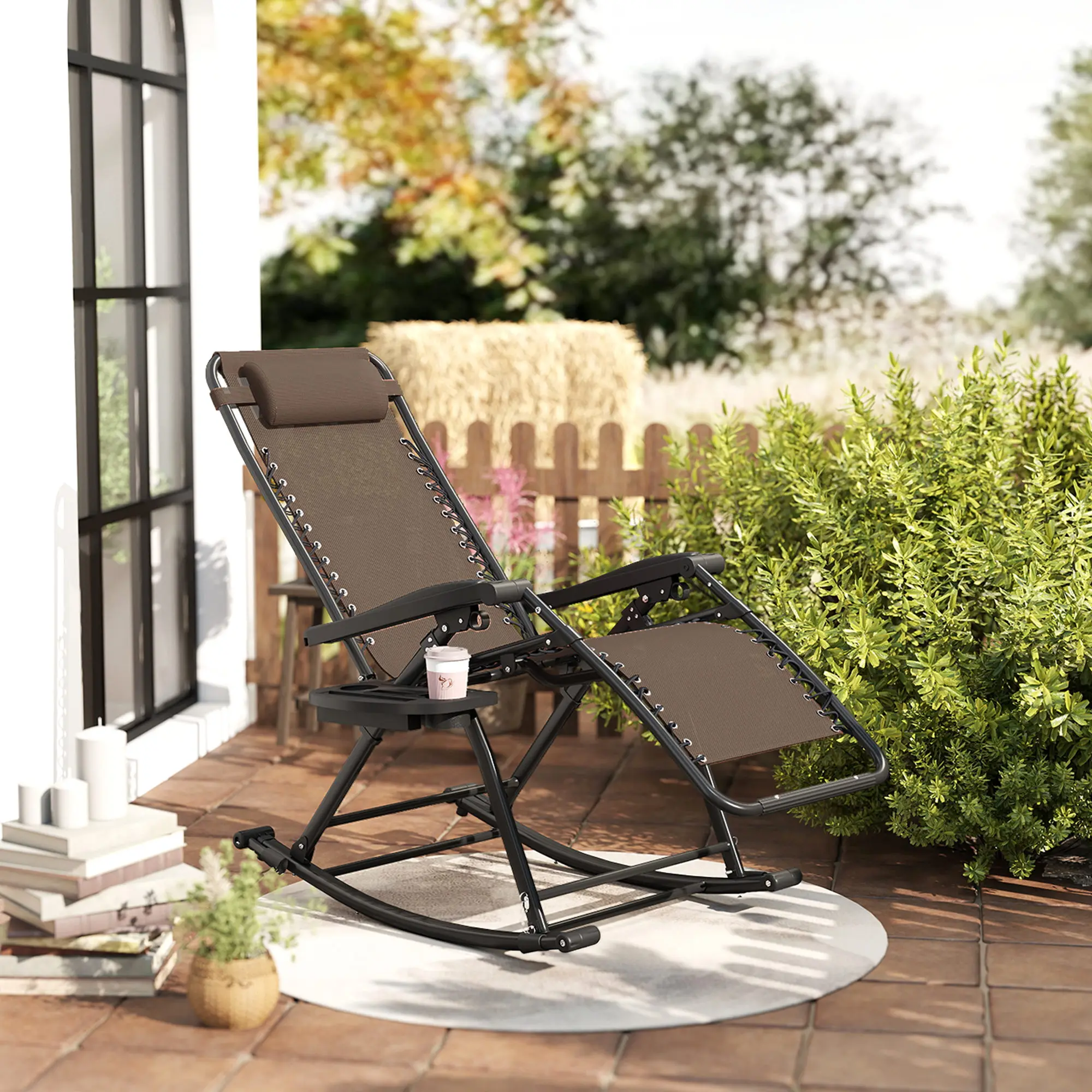 Outdoor Rocking Chairs, Foldable Reclining Zero Gravity Lounge Rocker with Pillow, Cup & Phone Holder, Combo Design with Foldin