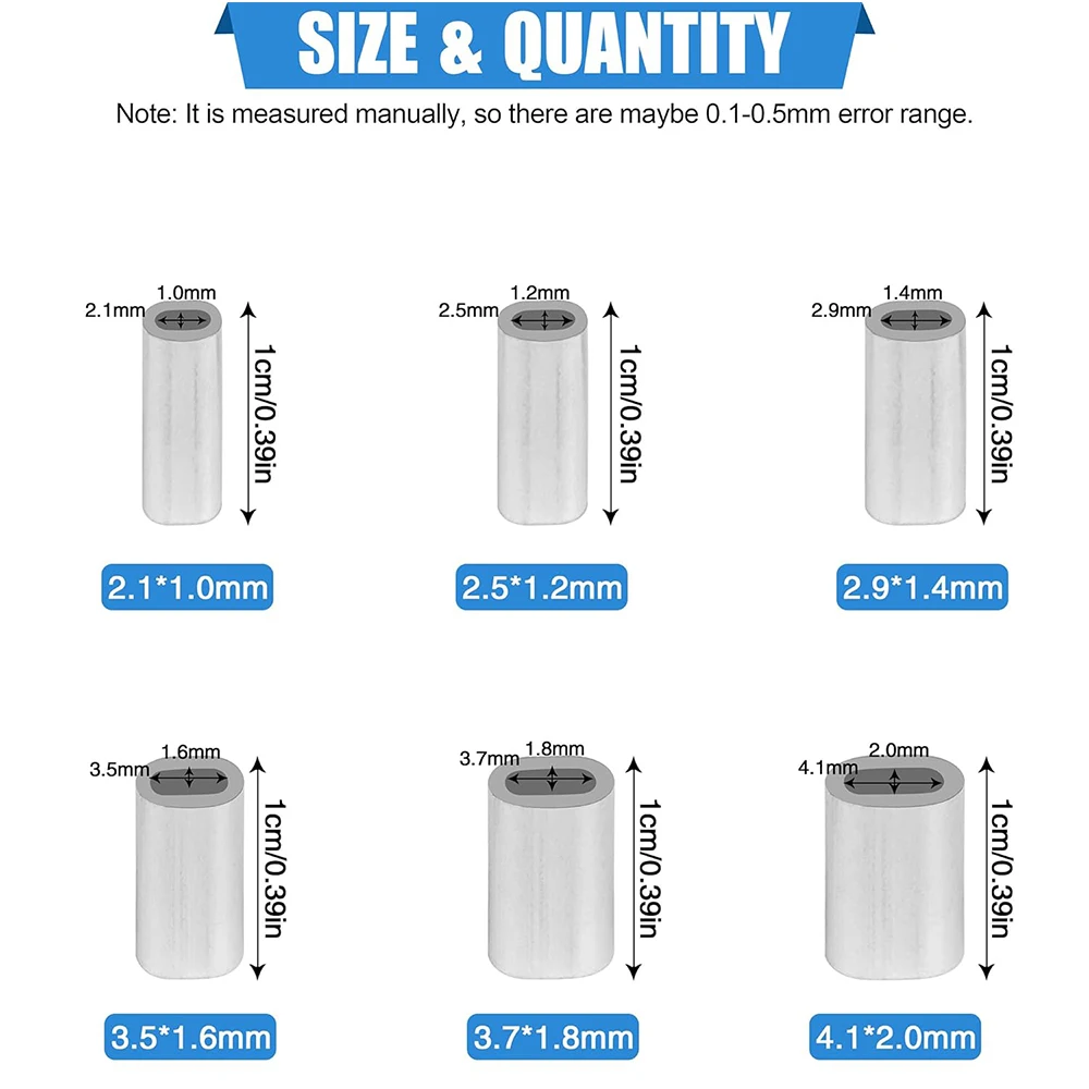 50Pcs Fishing Aluminum Crimp Sleeves Single Barrel Crimp Sleeves Oval Crimping Loop Sleeve for Wire Rope Fishing Line Connector