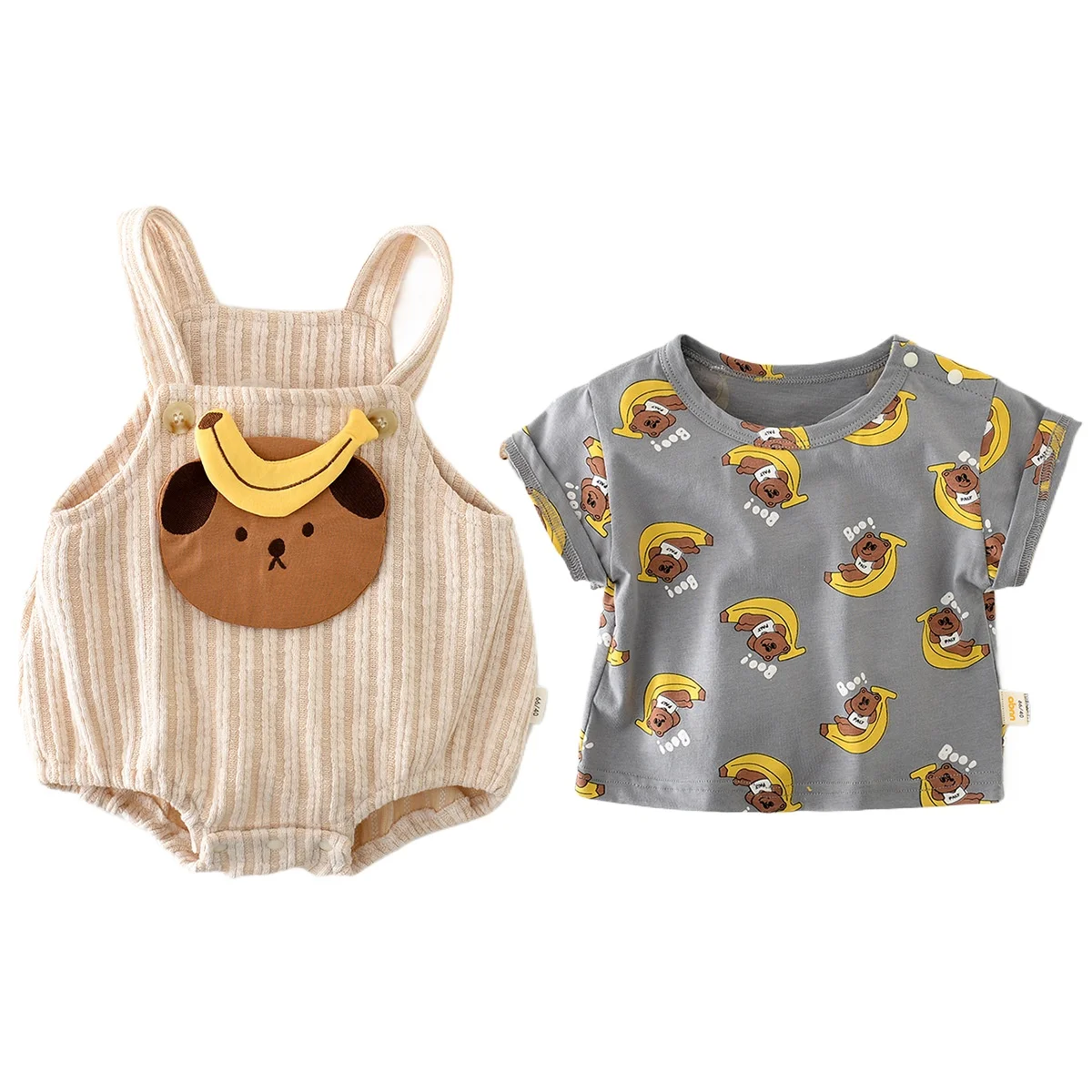 2Pcs Cotton Bear Cartoon Outfit, thin short sleeve romper, soft summer wear for unisex kids aged 0-3, great gift option