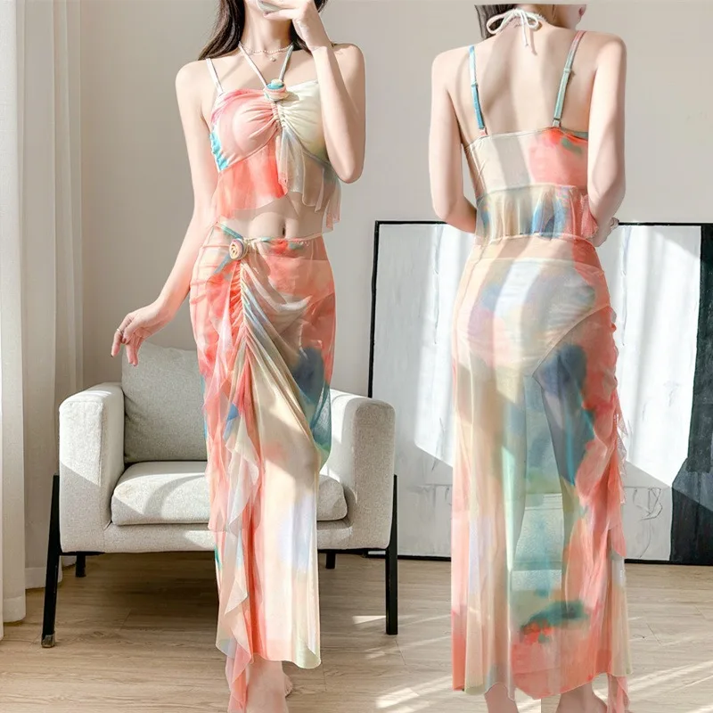 3Pcs/set Gradient Swimsuit Women's Bikinis Sets Beachwear Halter Camisole with Cover Up Swim Skirt Bikini Bathing Suit Vacation