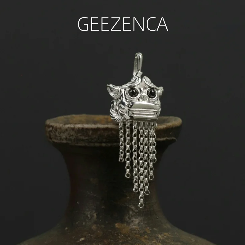 

GEEZENCA 925 Silver 3D Auspicious Beast Long Tassels Pendant For Women Ethnic Unique Chic Necklace Pendants Without Chain Gift