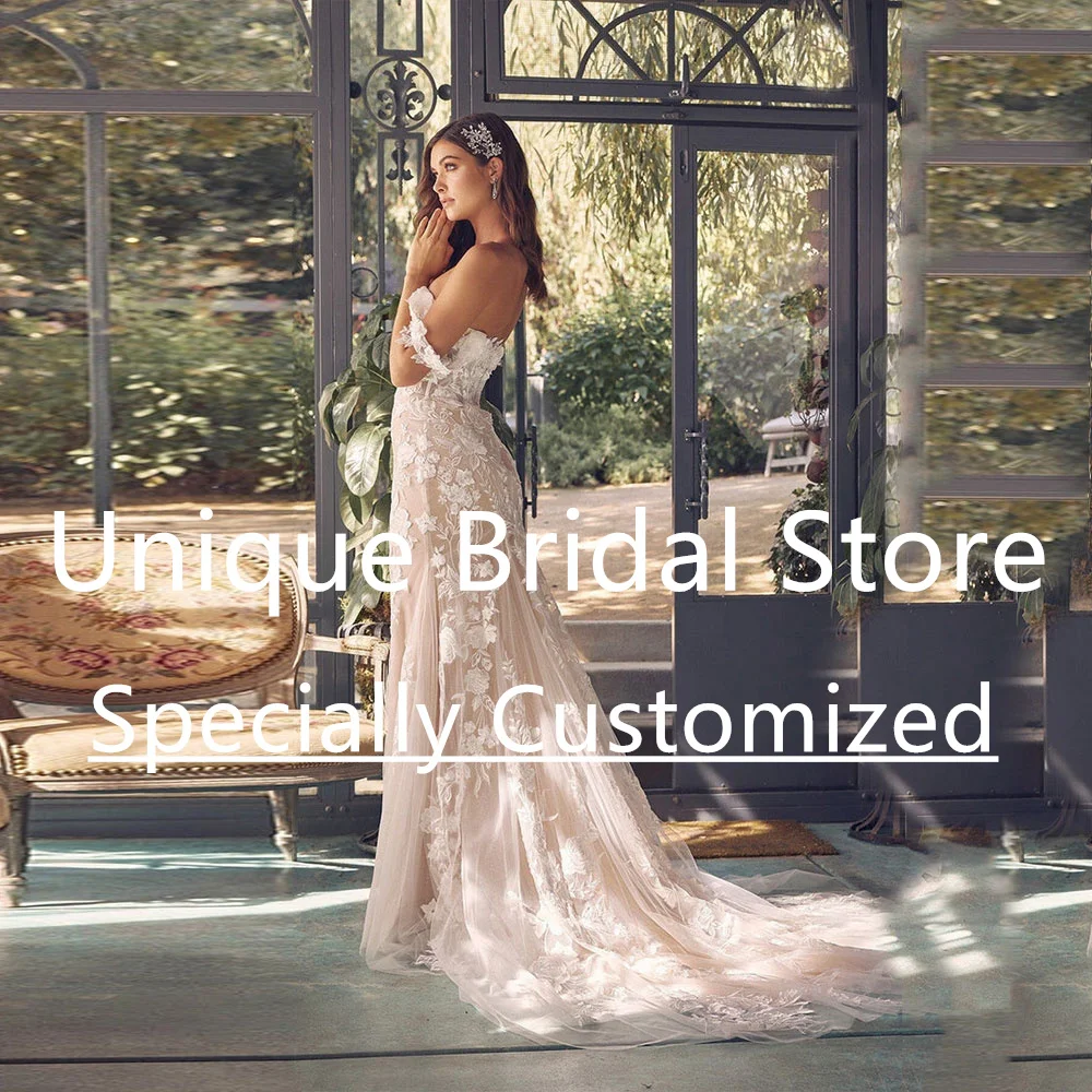 Vestido de novia de sirena de tul personalizado con hombros descubiertos, apliques con cuello en V y espalda descubierta con cremallera, Vestido elegante y hermoso para mujer