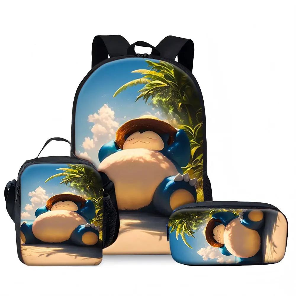 Kids Bag, Pokemon Anime, 3pcs Backpack Set Snorlax Wearing Straw Hat Beach Vacation Palm Trees Blue Sky Print Waterproof Stud