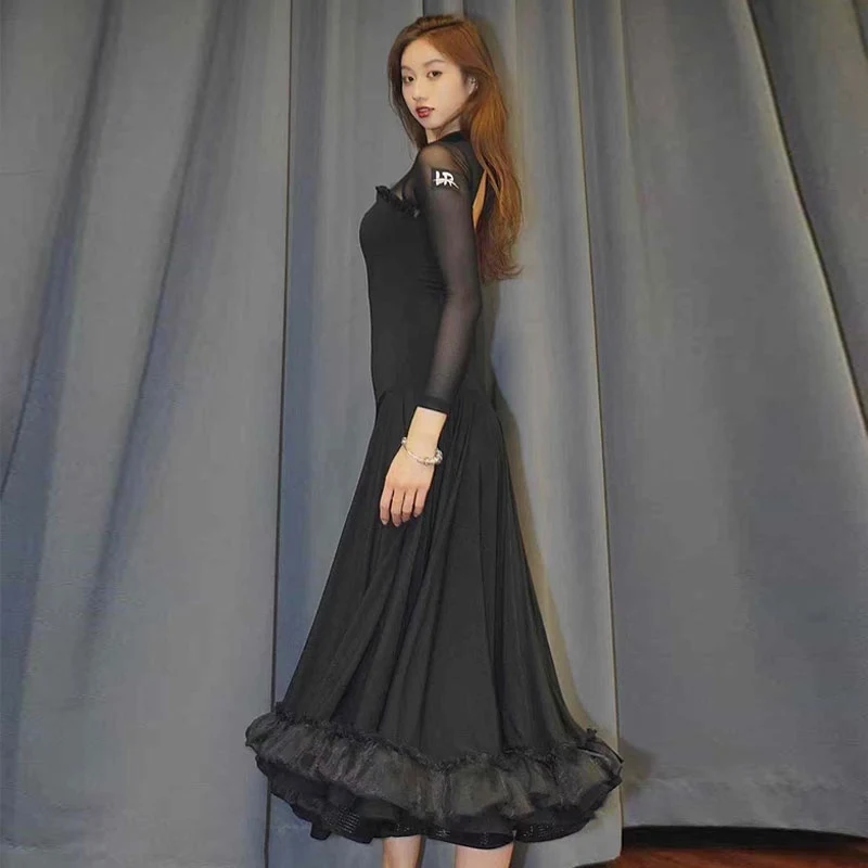 2024 neue Ballroom Dance Schwarz Langes Kleid Frauen Walzer Tanz Kleidung Praxis Leistung Kleid Erwachsene Latin Dance Kleid DNV21970