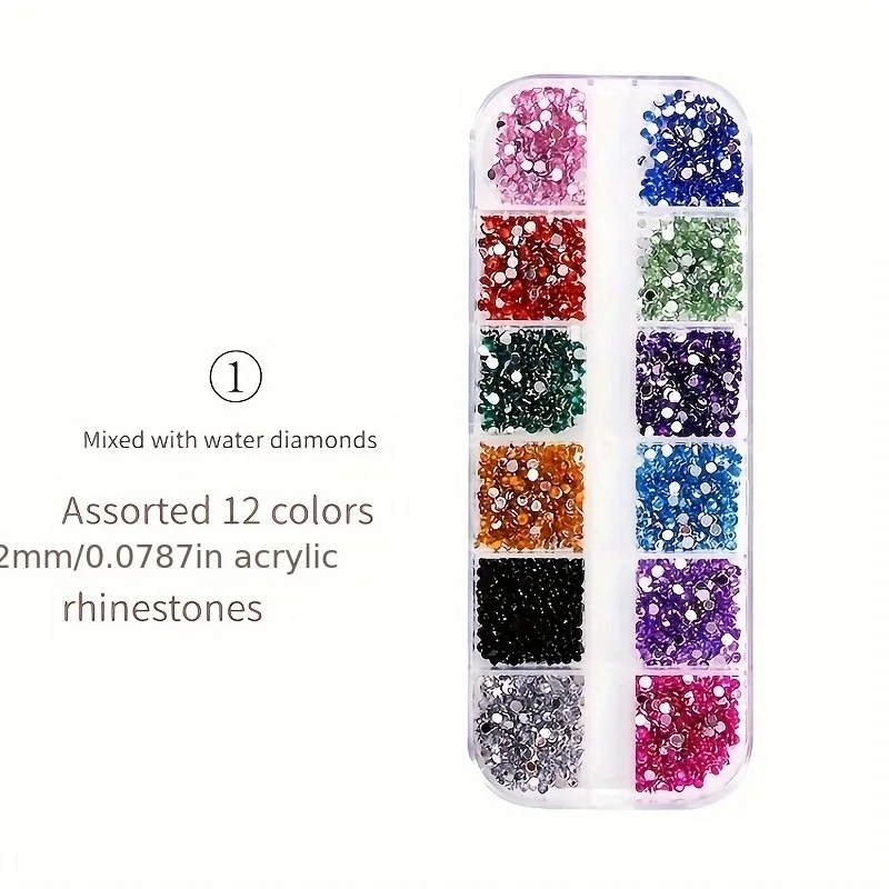12 علبة من أحجار الراين المسطحة للأظافر، بألوان متنوعة وغير معطرة لتزيين الأظافر بنفسك في المانيكير والباديكير