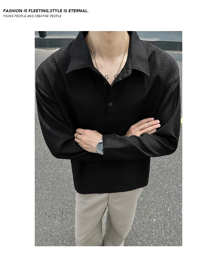 Minimalistisches Streetwear-Langarm-Poloshirt für Herren mit Reverskragen, meliertem Slub-Muster und weichem Material für alltägliche Freizeitaktivitäten. – Detail 22