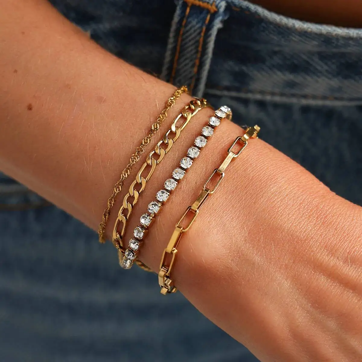 Salircon 4Pcs/Set Trend Luxury Rhinestone Stainless Steel Bracelet Retro Multi Layer Stackable Cuban Chain Waterproof Jewelry