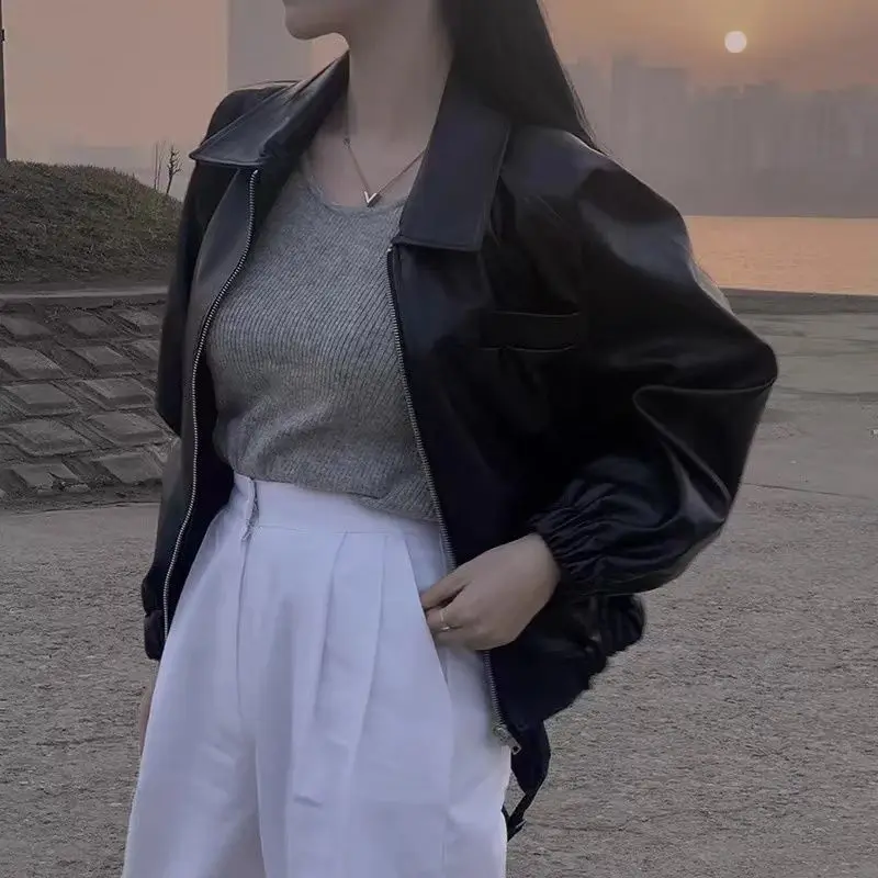 

Корейская короткая кожаная куртка женская, весна 2025, новый свободный повседневный универсальный топ с длинными рукавами и лацканами