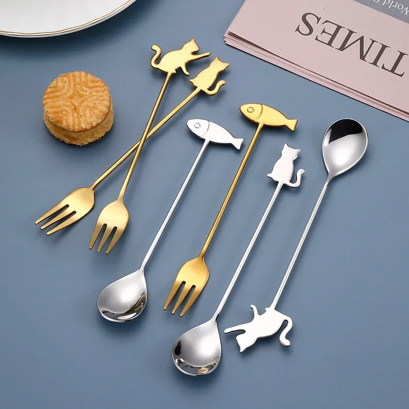 1~6Pcs Creative 304 Stainless Steel Coffee Stirring Spoon Cute Cat Fish Hanging Cup Teaspoon Fruit Dessert Fork Milk Coffe Spoon