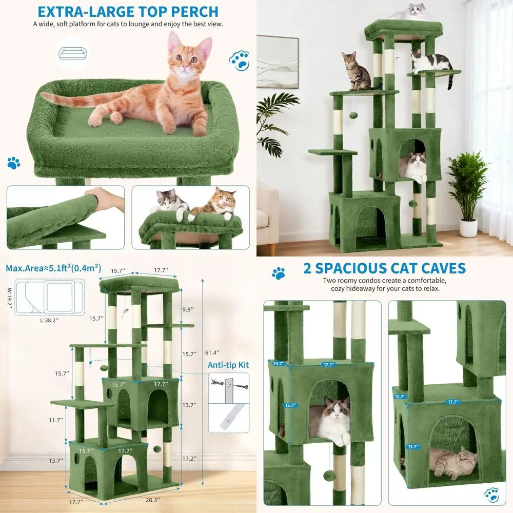 

61 Premium Multi-Level Cat Tower for Large Cats, Heavy-Duty with Large Perch, 2 Rooms, Sisal Scratching Posts & Toys - Green