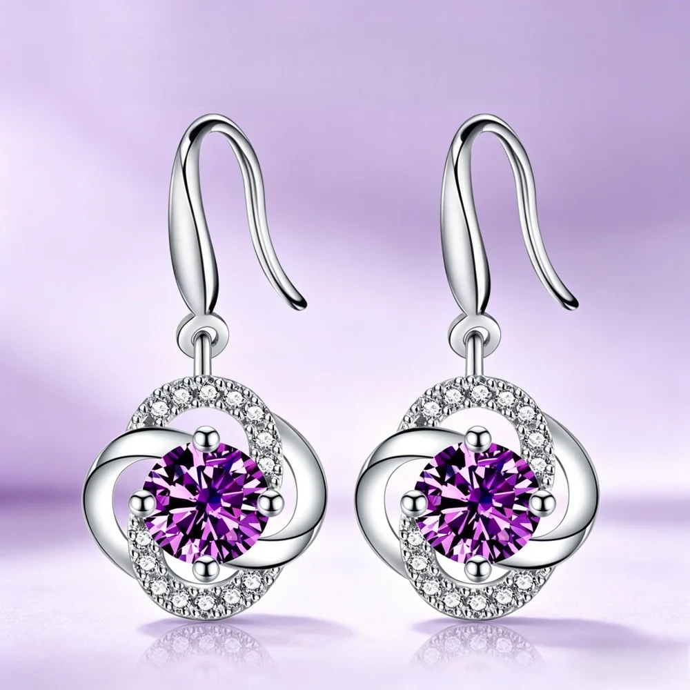 925 Sterling Silver Fashion Temperament Purple and White Zircon Flower Earrings Birthday Party Anniversary Gift