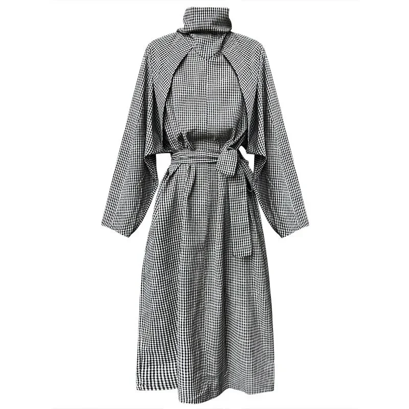 

SuperAen Korean Style Design Spliced Plaid Stand Collar Dress for Women's Autumn New Long Sleeve Lace-up Waist Dress