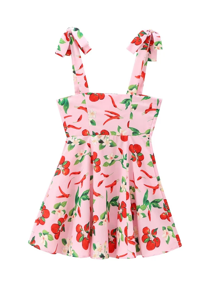 TRAF Women Bow Lace Up Fruit Print Mini Dress 2024 New Sweet Female A-line Dress  Elegant Dress Sexy Beach Party Dresses