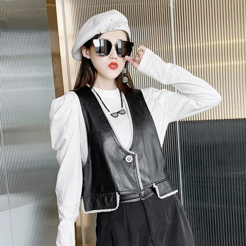 Women Beading Genuine Leather Sheepskin Vest Elegant Office V-Neck Cropped Waistcoat Single Button Loose Sleeveless Jacket