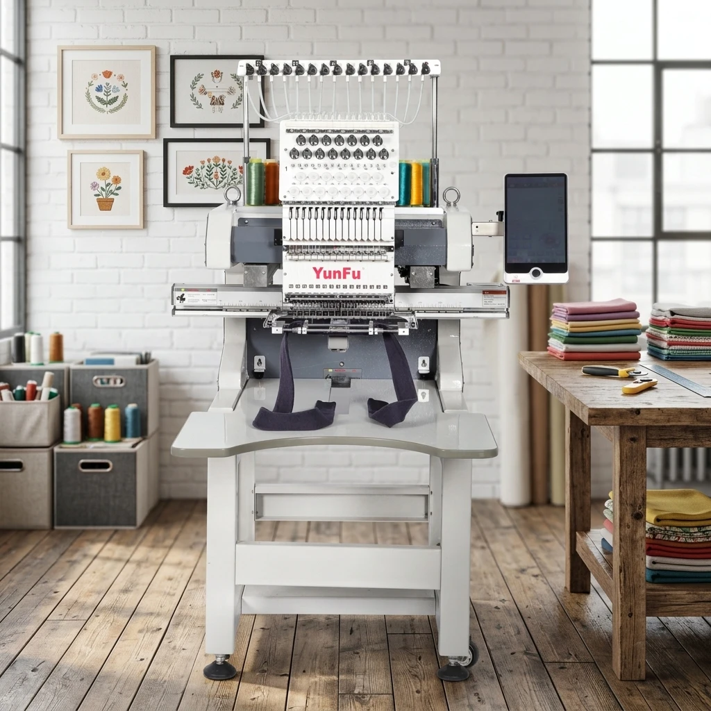 Single Head 12/15 Needles Computerized Cap Embroidery Machine Bearing Fast 1200 RPM T-shirt Logo Design Home Use Motor 500W